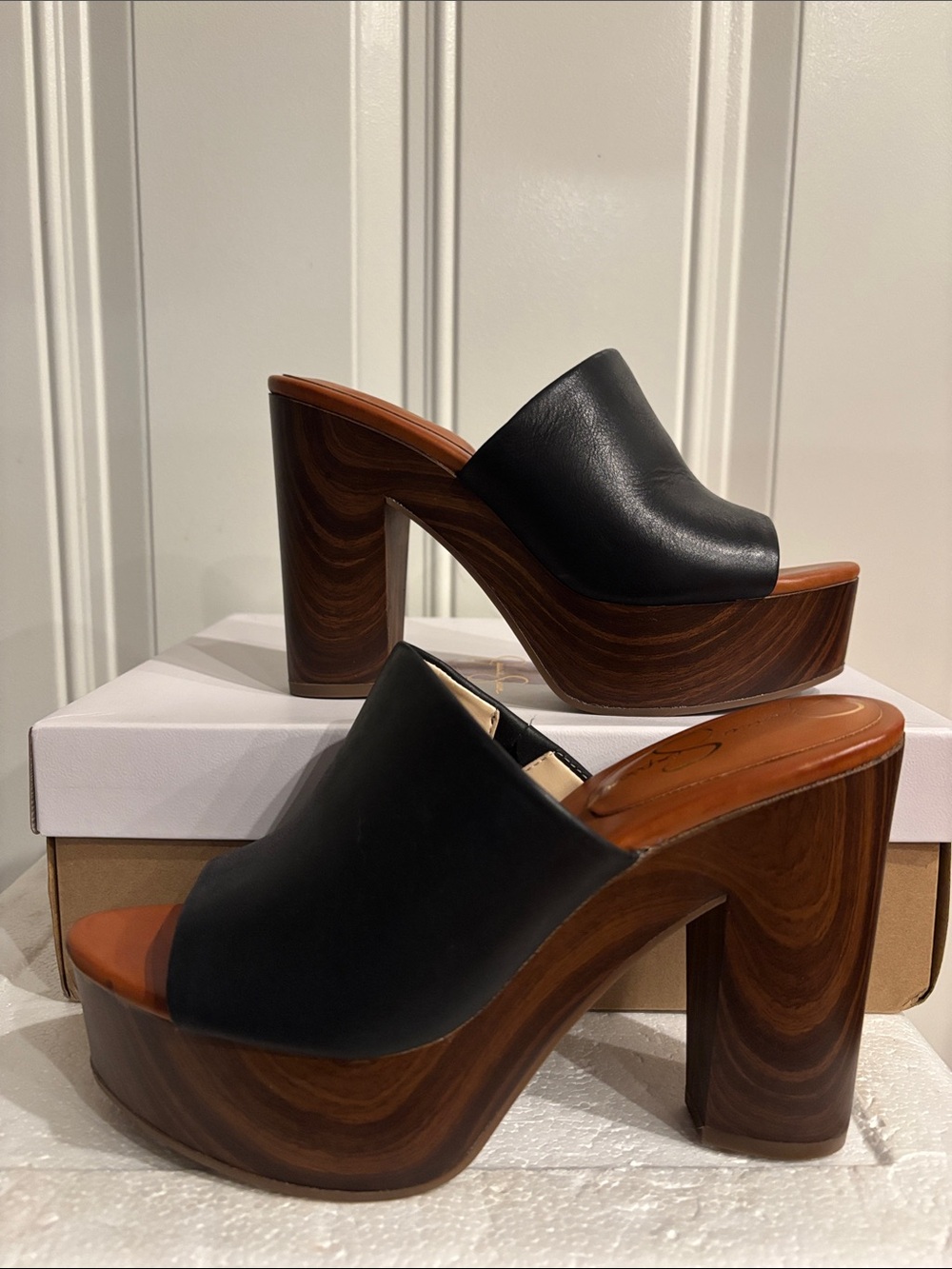 Jessica Simpson Black Leather Platform Mules with Wood-Effect Heel